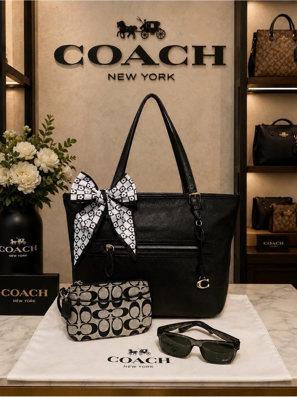 Coach. 5 Piece Set: Taylor Tote & Free Wristlet, Sunglasses, Scarf & Dust Bag.